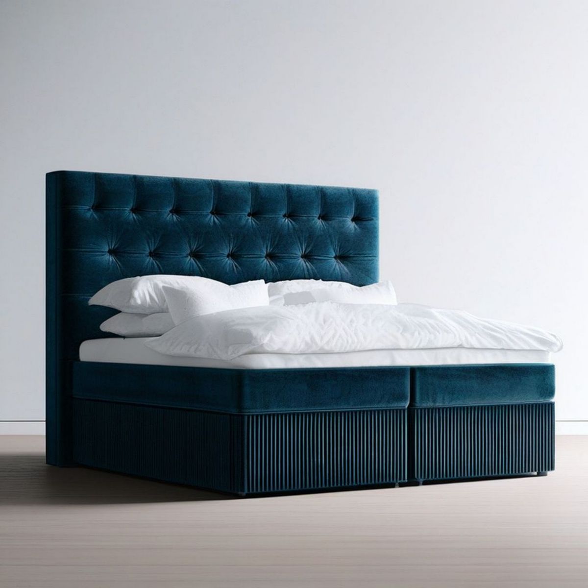 Boxspringbett 180 x 200 cm in Dunkelblau mit gepolstertem Samt-Kopfteil