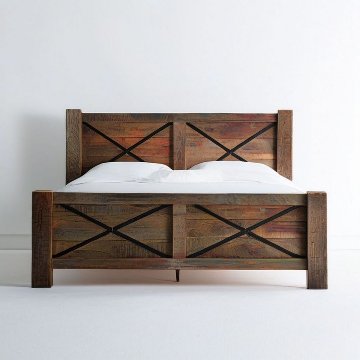 Doppelbett aus recyceltem Massivholz und Stahl, 160 x 200 cm, Braun/Schwarz
