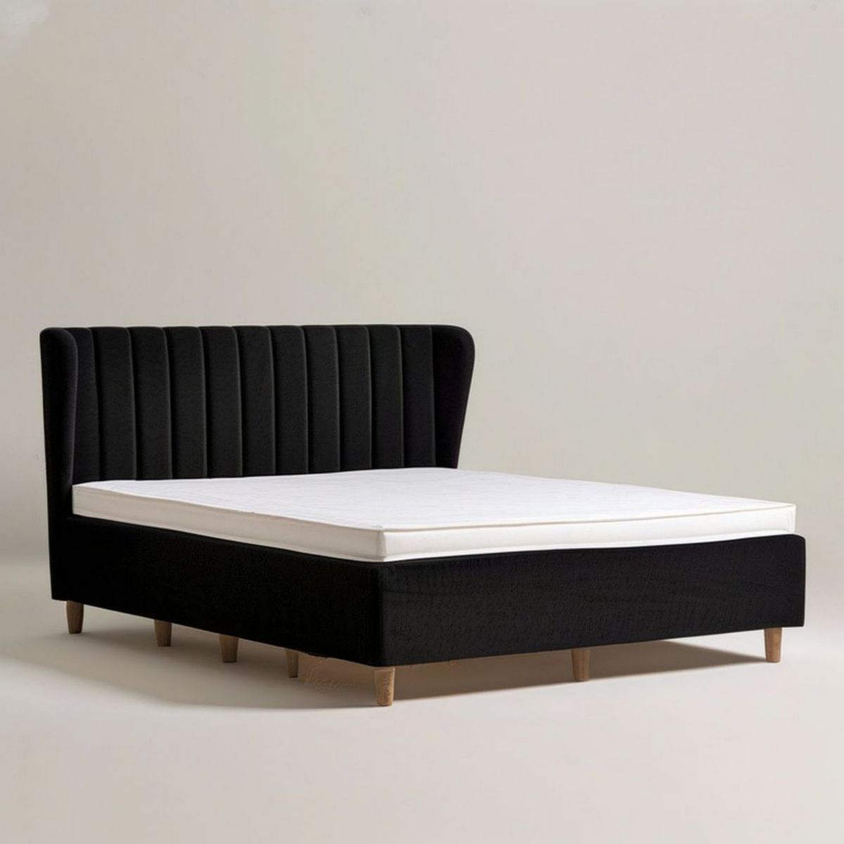 Gepolstertes Doppelbett 160 x 200 cm Schwarz mit Matratze und gepolstertem Kopfteil